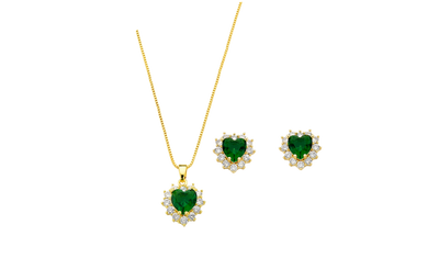 conjunto colar e brinco coracao cravejados verde escuro banhado a ouro