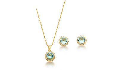 conjunto colar e brinco ponto de luz azul claro banhado a ouro