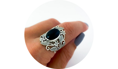 anel floral com pedra onix prata de bali 925