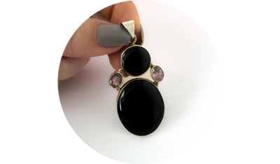 pingente oval pedra natural onix e ametista prata