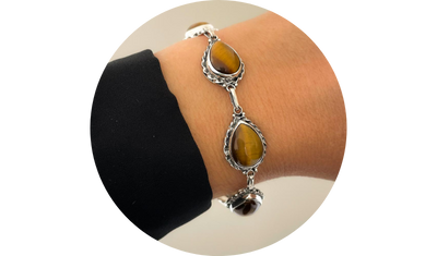 pulseira feminina gotas de olho de tigre em prata de bali 925 pedra natural