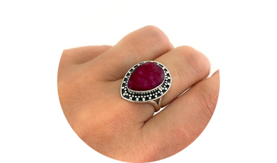 anel gota rubi indiano detalhe prata de de bali