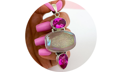 pingente drusa com rodolita natural prata 925